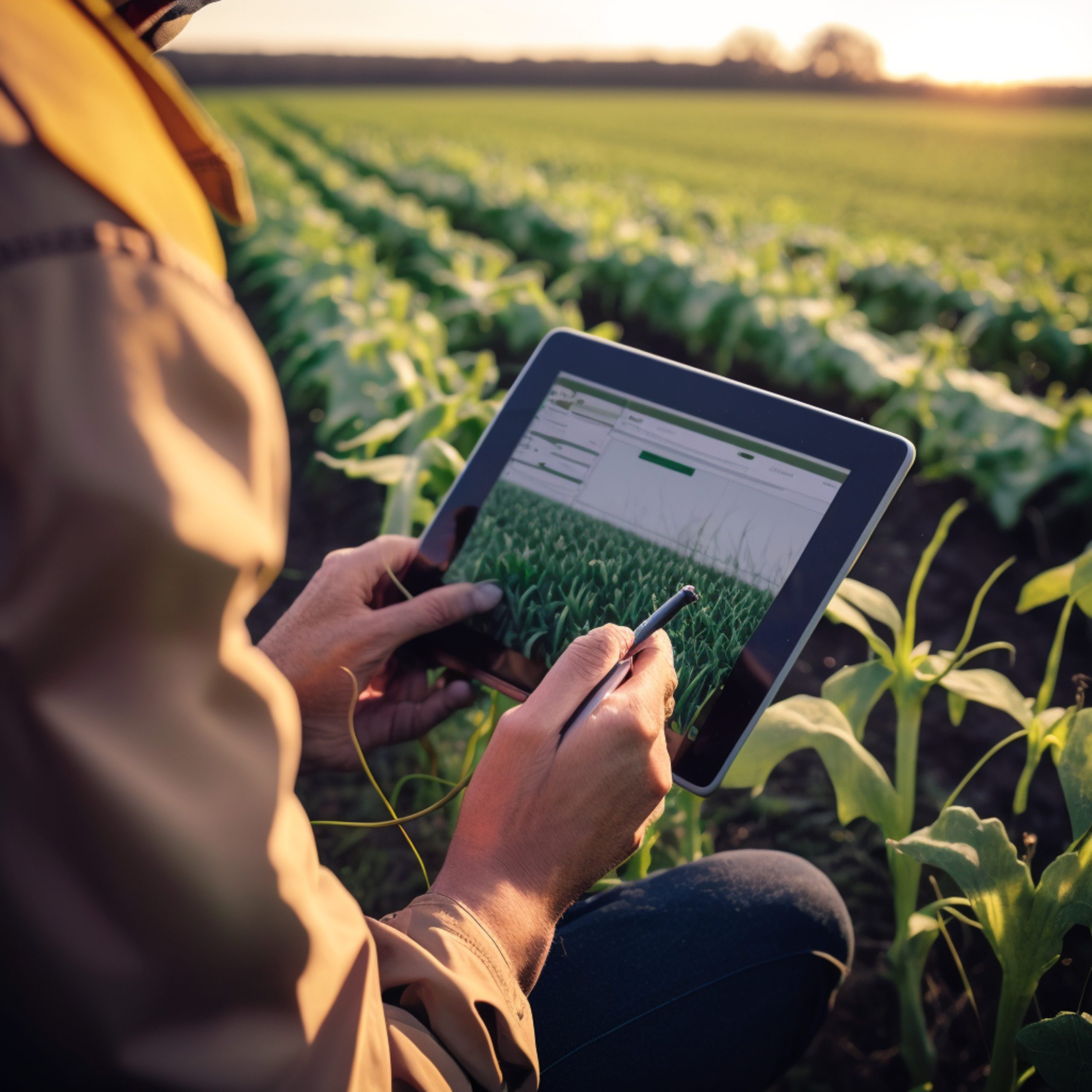 Farmer using a tablet to monitor his plantation. Tech in the far